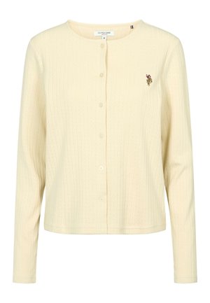 Cremefarvet ribbet cardigan med lange ærmer, knapper foran, rund hals og lille broderet U.S. Polo Assn.-logo på venstre bryst.