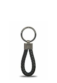 Keyring with braided black leather loop, metal top piece engraved with "Porsche Design," and circular metal ring with engraved logo.