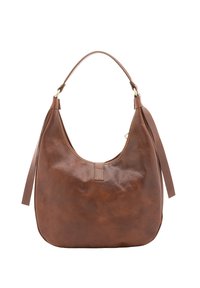 Borsa hobo in pelle marrone con forma curvata, una sola maniglia e dettagli con frange sui lati. Texture liscia con dettagli di cucitura minimi.