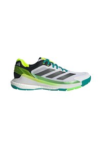 Men's athletic shoes with a white mesh upper, black and neon green accents, turquoise laces, and a cushioned, textured sole.