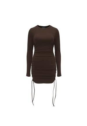 Abito mini aderente marrone scuro con maniche lunghe, lati arricciati e coulisse regolabili sull'orlo, scollo rotondo, silhouette aderente.
