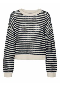 Gestreepte trui in marineblauw en crème, met een losse pasvorm, ronde hals en geribde manchetten. Zachte breimaterialen met brede horizontale strepen.