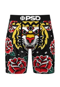 Boxeri bărbați cu un fundal negru, prezentând un grafic îndrăzneț cu tigri galbeni și modele de trandafiri roșii, confecționați dintr-un material elastic.