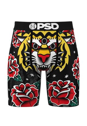 Herren Boxershorts mit schwarzem Hintergrund, einer kräftigen gelben Tiger-Grafik und roten Rosenmustern, aus dehnbarem Stoff gefertigt.