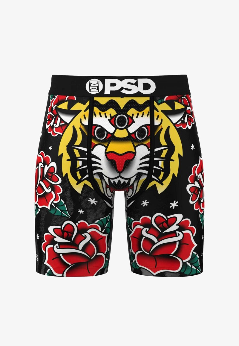 Férfi boxeralsó, fekete alapon, merész sárga tigris grafikával és vörös rózsa mintákkal, elasztikus anyagból készült.