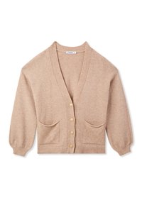 Cardigan beige con bottoni, scollo a V, polsini e orlo a costine, e due tasche a toppa frontali, esposto piatto su uno sfondo bianco.
