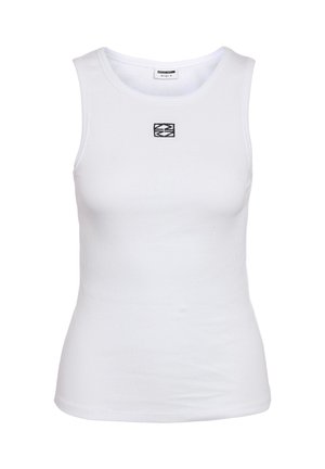 Hvit ribbestrikket tanktopp uten ermer med en liten svart abstrakt logo midt på brystet, tettsittende passform, rund hals.