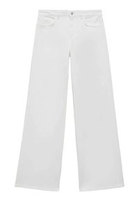 White wide-leg jeans made of denim with a flat front, two front pockets, and a button closure, featuring a straight-cut leg and no visible patterns.