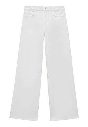 Weiße weite Jeans aus Denim mit flachem Bund, zwei Vordertaschen und Knopfverschluss, mit geradem Bein und ohne sichtbare Muster.