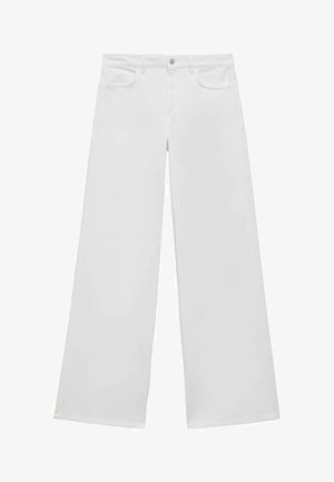 White wide-leg jeans made of denim with a flat front, two front pockets, and a button closure, featuring a straight-cut leg and no visible patterns.