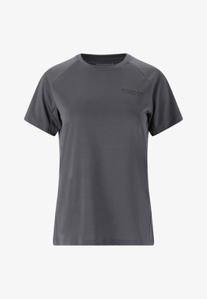 Dunkelgraues, kurzärmeliges Sport-T-Shirt mit dem Aufdruck "Endurance" auf der oberen linken Brust und Rundhalsausschnitt.