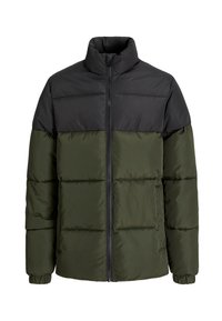 Kurtka puchowa z czarną górną częścią i oliwkowo-zieloną dolną częścią, zapinana na zamek błyskawiczny z elastycznymi mankietami. Materiał gładki i pikowany.
