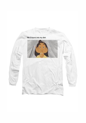 White long-sleeve shirt featuring a cartoon character with a surprised expression and food spilling, accompanied by text above.
