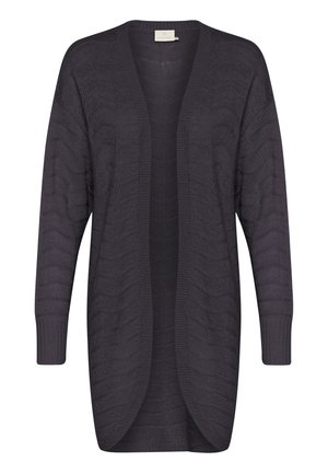 Cardigan viola scuro realizzato in morbido materiale a maglia, caratterizzato da un motivo a onda, design aperto e maniche lunghe con polsini a coste.
