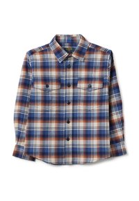 Geruite flanellen shirt in blauw, oranje en wit. Knopsluiting aan de voorkant, twee borstzakken met knoopsluitingen en een klassieke kraag. Zachte textuur.
