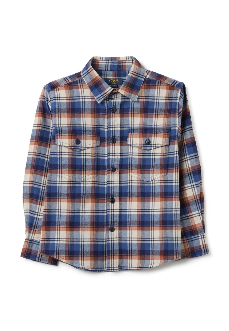 Geruite flanellen shirt in blauw, oranje en wit. Knopsluiting aan de voorkant, twee borstzakken met knoopsluitingen en een klassieke kraag. Zachte textuur.