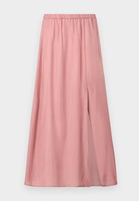 Απαλή ροζ μίντι φούστα με ελαστική μέση και πλευρικό σκίσιμο, κατασκευασμένη από απαλό, ελαφρύ ύφασμα.