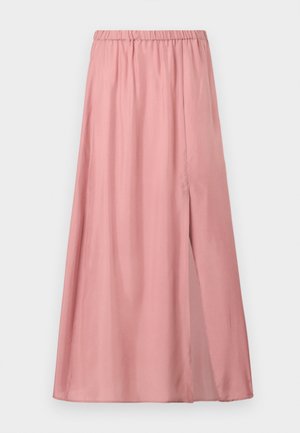 Απαλή ροζ μίντι φούστα με ελαστική μέση και πλευρικό σκίσιμο, κατασκευασμένη από απαλό, ελαφρύ ύφασμα.