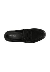 Schwarzer Wildleder-Slipper mit runder Zehenform, gesteppten Details und einer glatten Lederinnensohle. Verfügt über ein dekoratives Band über dem Obermaterial.