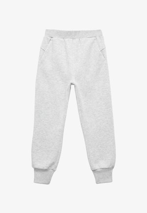 Harmaat verkkarit, jotka on valmistettu pehmeästä kankaasta, ja joissa on joustava vyötärö, kaksi sivutaskua sekä ribbireunat nilkoissa.