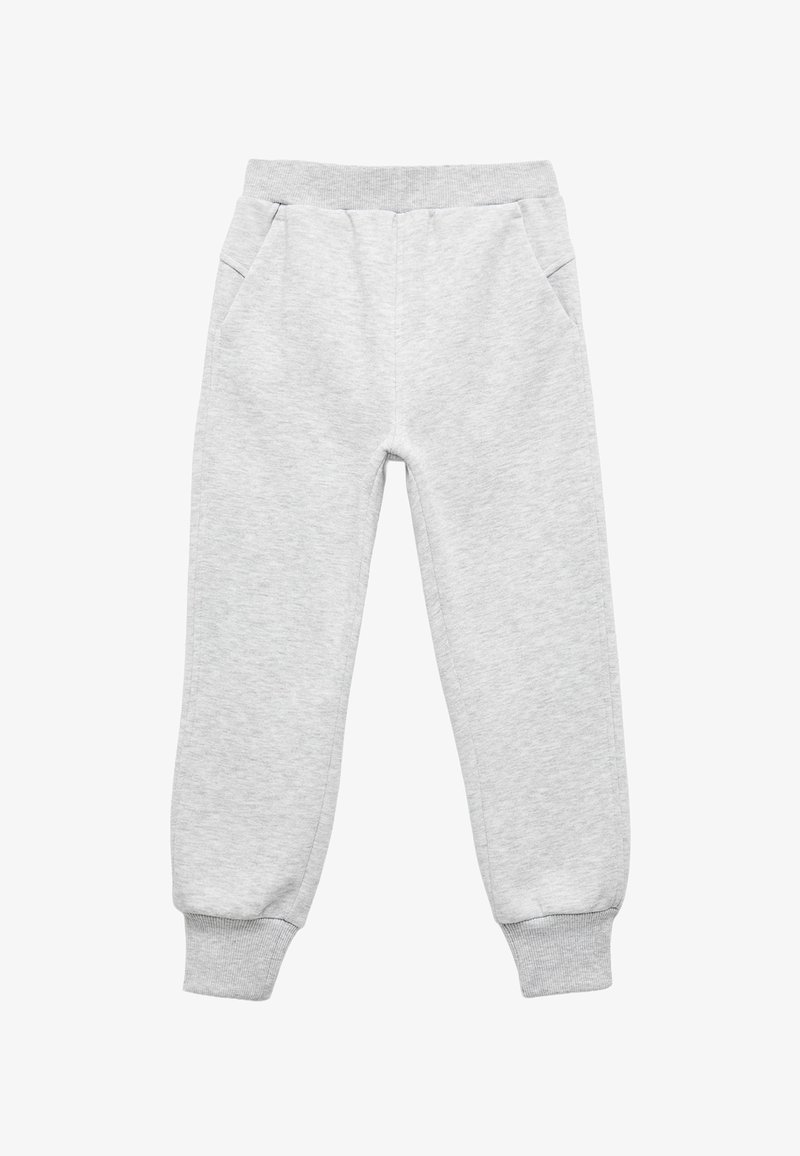 Grå sweatpants lavet af blødt materiale, med en elastisk talje, to sidelommer og ribbede manchetter ved anklerne.