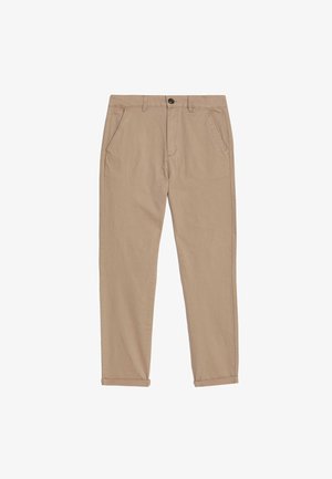 Beige afslappede bukser med sidelommer, bæltestropper, knaplukning og opkørte manchetter.