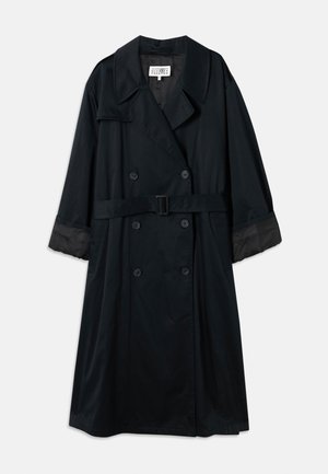 Black trench coat in a smooth, lightweight fabric with a double-breasted design, wide notched collar, and belted waist.