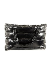 Borsa tote nera imbottita con due manici robusti, caratterizzata da una texture lucida trapuntata e forma rettangolare.