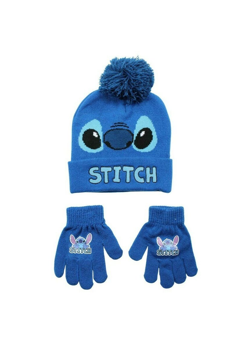 Conjunto de gorro de lana azul con pom-pom y guantes que presenta la cara y el nombre del personaje de dibujos animados Stitch en el gorro y los guantes.
