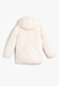 Weißes, gestepptes Puffer-Jacke mit Kapuze, die ein Diamantmuster aufweist, lange Ärmel hat und auf der Rückseite eine weiche, glatte Textur besitzt.