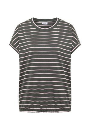 Tummanvihreä lyhythihainen paita, jossa vaaleanpunaiset vaakaraitoja, pyöreä kaula-aukko ja joustava helma, sisäkauluksessa merkintä "Cecil".