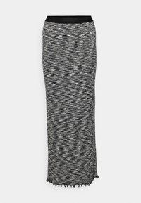 Jupe midi droite à motif marbré noir et blanc, avec ourlet à volants et taille élastique noire.