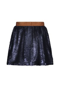 Granatowa spódnica z cekinami z brązowym, błyszczącym pasem. Krój jest krótki i rozkloszowany, a powierzchnia teksturowana i mieniąca się.