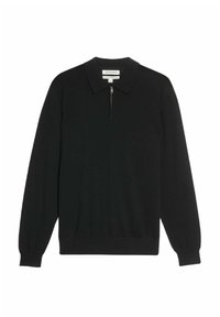 Sort langærmet sweater med lynlås krave, lavet af blødt stof. Har ribbede manchetter og kant, der giver en strømlinet silhuet.