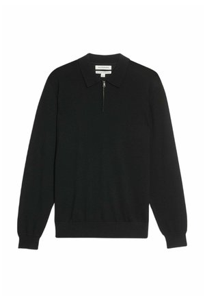 Suéter negro de manga larga con cuello de cremallera, hecho de una tela suave. Cuenta con puños y dobladillo acanalados, que ofrecen una silueta estilizada.