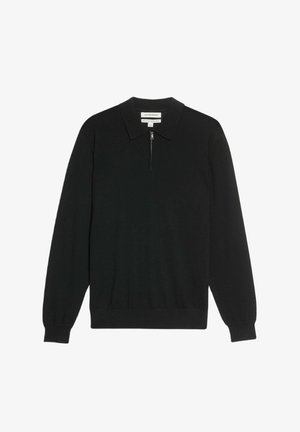 Pull noir à manches longues avec col zippé, fabriqué en tissu doux. Présente des poignets et un ourlet côtelés, offrant une silhouette épurée.