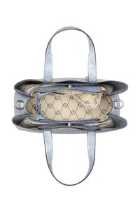 Denim handtas met dubbele handvatten, ruime binnenkant, lichtblauwe buitenkant, beige voering met een geometrisch patroon en een ritsvak.