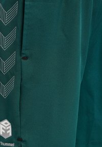 Mörkgrön atletisk t-shirt i slät textil, med vita chevronmönster och en logotyp i nedre vänstra hörnet.