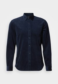 Marinblå flannel skjorte med lange ærmer, knaplukning foran og klassisk krave. Den har en ribbet tekstur og matchende knapper.