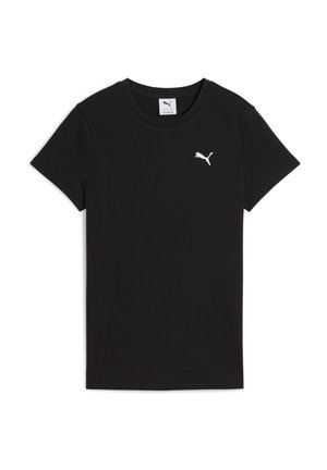 Camiseta de manga corta de punto negro con cuello redondo y un logo blanco de Puma en el lado izquierdo del pecho. Textura suave. Corte clásico.