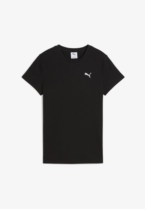 Camiseta de manga corta de punto negro con cuello redondo y un logo blanco de Puma en el lado izquierdo del pecho. Textura suave. Corte clásico.