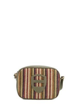 Borsa a tracolla rettangolare intrecciata in verde oliva, con un motivo a strisce testurizzato nei toni del rosso, viola e crema, e un accento con logo.