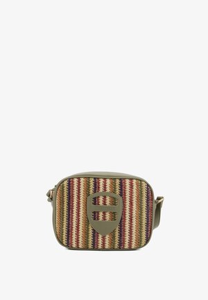 Borsa a tracolla rettangolare intrecciata in verde oliva, con un motivo a strisce testurizzato nei toni del rosso, viola e crema, e un accento con logo.