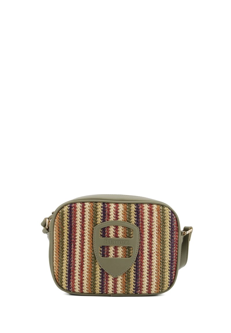 Borsa a tracolla rettangolare intrecciata in verde oliva, con un motivo a strisce testurizzato nei toni del rosso, viola e crema, e un accento con logo.