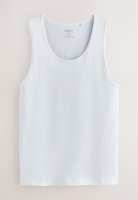 Débardeur blanc slim sans manches de taille medium, fabriqué au Bangladesh, posé à plat sur un fond clair.