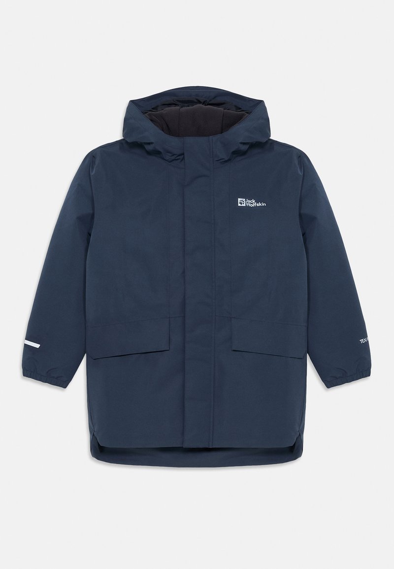 Námořnická voděodolná bunda s kapucí, dvěma velkými předními kapsami, elastickými manžetami a značkovým logem na hrudi a rukávu.