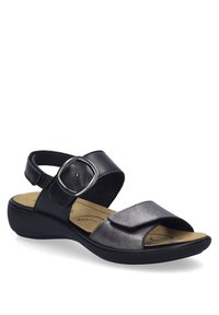 Zwarte leren sandaal met een brede band aan de voorkant, verstelbare band aan de achterkant en een zilveren gesp accent. Gevoerde voetbed en gevormde zool voor ondersteuning.