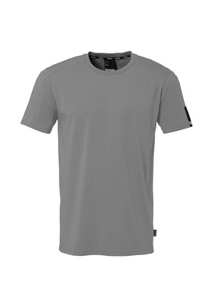 Ensfarvet grå T-shirt med korte ærmer og rund halsudskæring, med en lille sort label på venstre ærme og mærke indeni kraven.