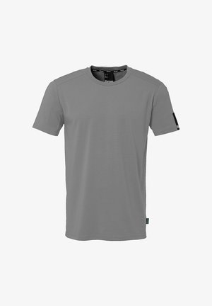 Effen grijze korte mouw T-shirt met een ronde hals, met een klein zwart label op de linker mouw en een merklabel aan de binnenkant van de kraag.