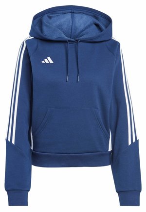 Marineblauwe hoodie met witte drie-streepaccenten op de mouwen, voorzak en trekkoordkap. Gemaakt van zachte stof.